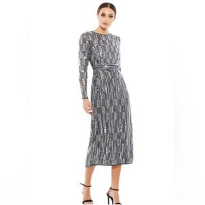 MacDuggal Sequin Embellished Long Sleeve Dark Gray Silver Dress NWT 6✨